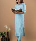 Sky-blue printed cotton cotton-kurtis