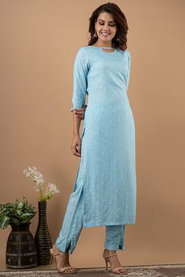 Sky-blue printed cotton cotton-kurtis 3