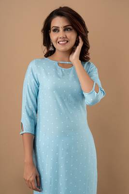 Sky-blue printed cotton cotton-kurtis 4