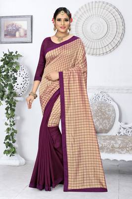 Purple Checks Vichitra Silk Fancy Half and half Saree with Blouse 1