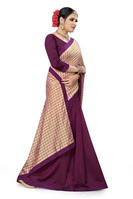 Purple Checks Vichitra Silk Fancy Half and half Saree with Blouse 4