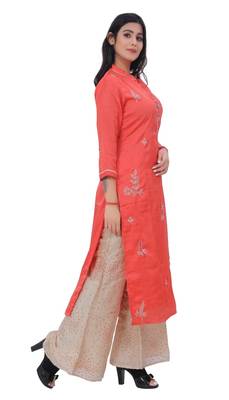 Dark-peach embroidered silk kurtas-and-kurtis 3