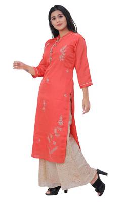 Dark-peach embroidered silk kurtas-and-kurtis 4