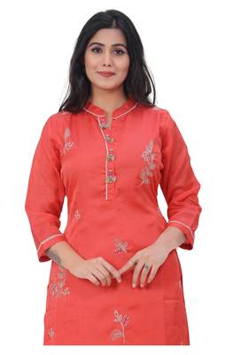 Dark-peach embroidered silk kurtas-and-kurtis 5