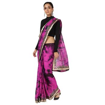 Tye N Dye Saree Emellished Gota Pati Work With Golden Border Lace 1