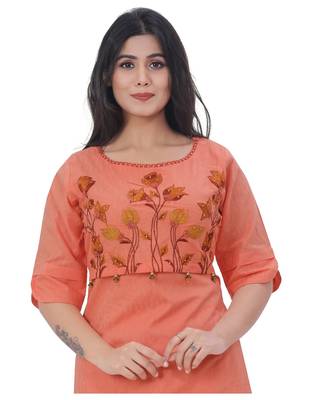 Peach embroidered cotton kurtas-and-kurtis 5