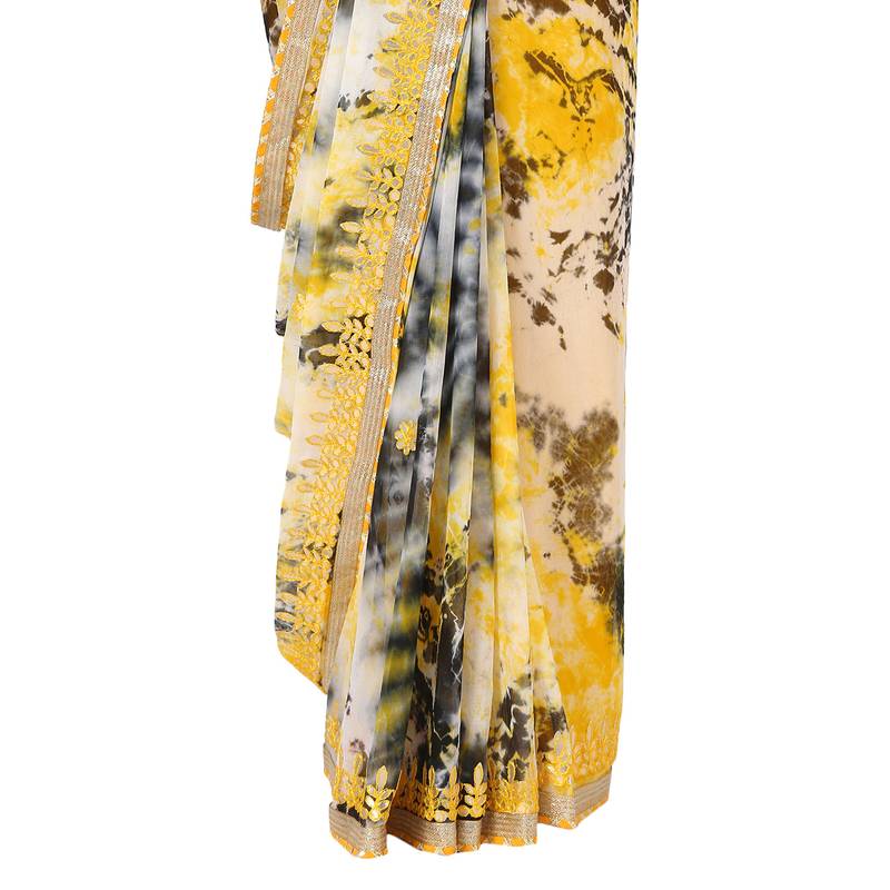 Tye N Dye Saree Emellished Gota Pati Work With Golden Border Lace