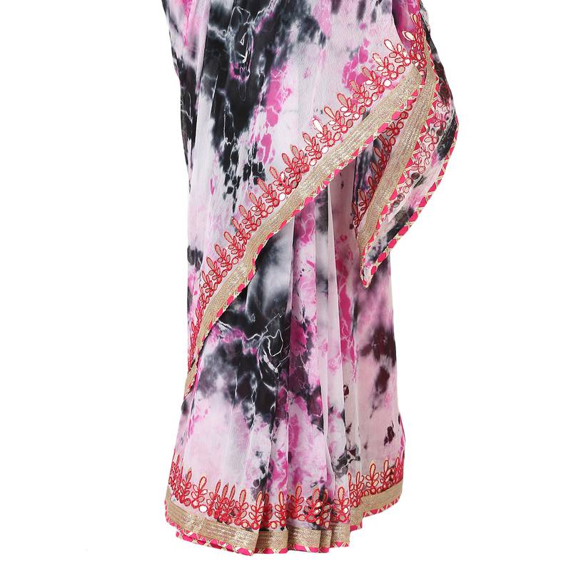 Tye N Dye Saree Emellished Gota Pati Work With Golden Border Lace