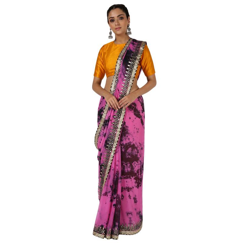 Tye N Dye Saree Emellished Gota Pati Work With Golden Border Lace