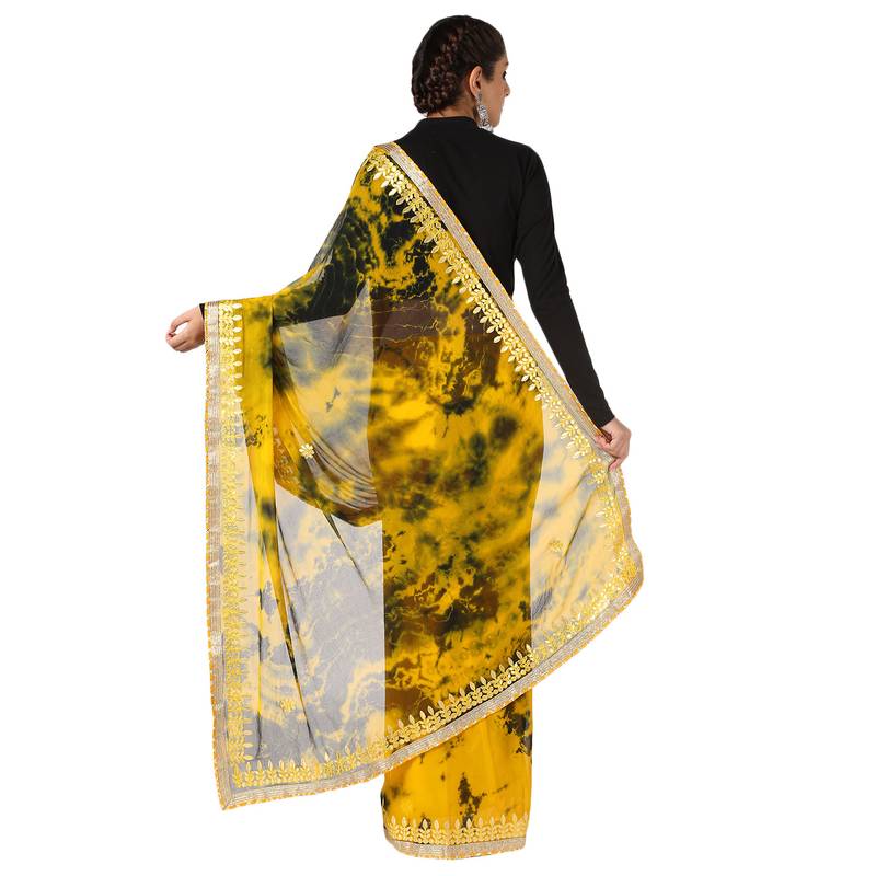 Tye N Dye Saree Emellished Gota Pati Work With Golden Border Lace