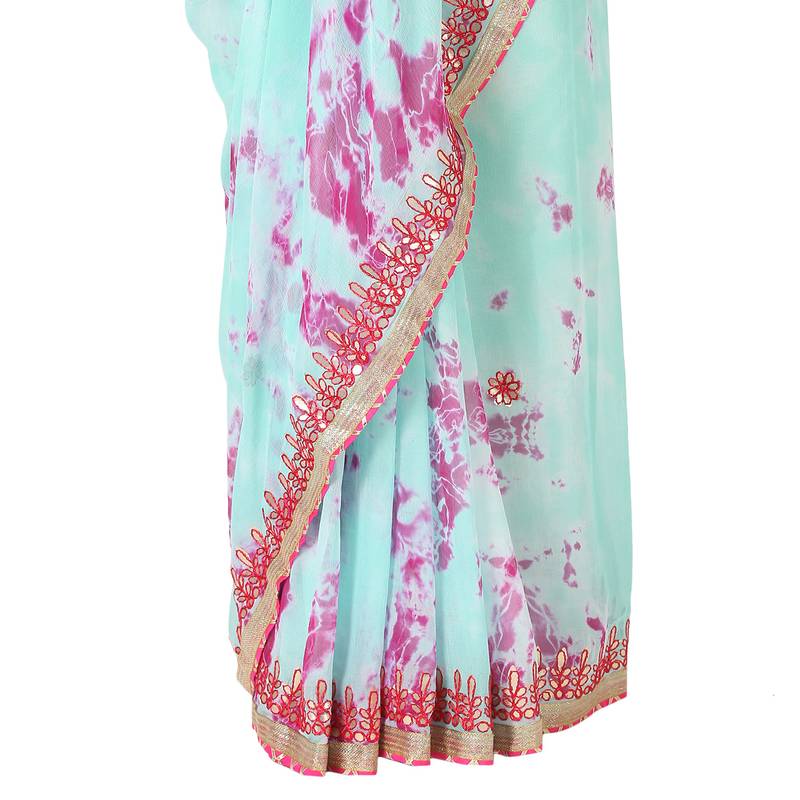 Tye N Dye Saree Emellished Gota Pati Work With Golden Border Lace