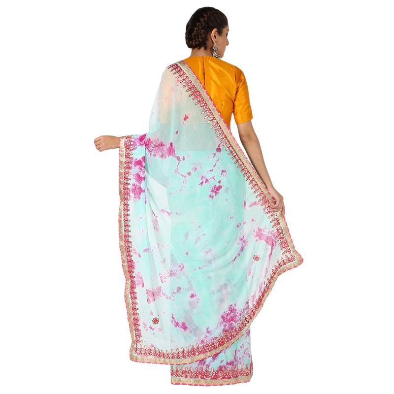 Tye N Dye Saree Emellished Gota Pati Work With Golden Border Lace