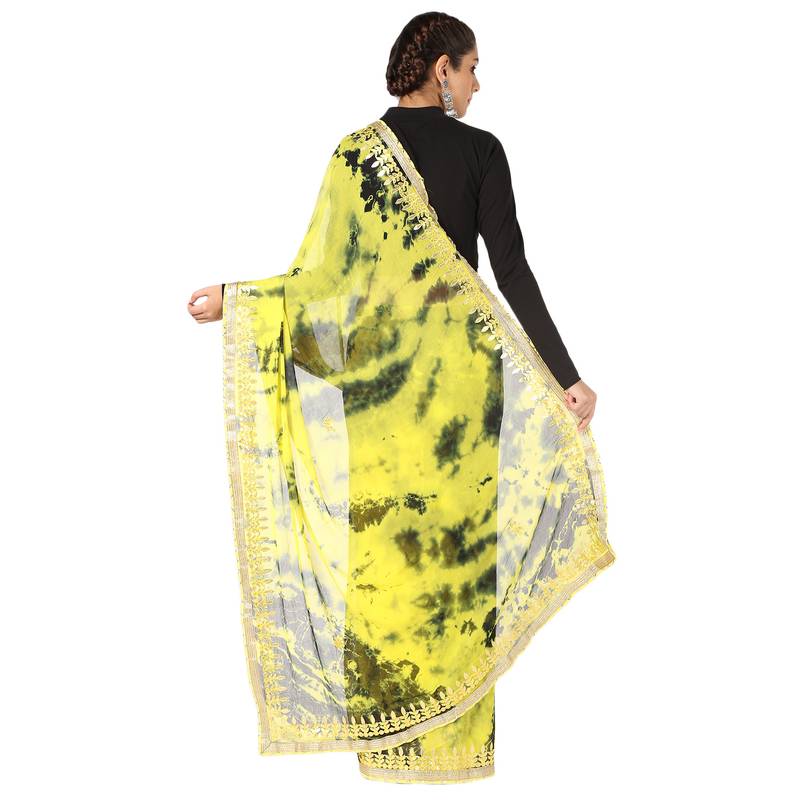 Tye N Dye Saree Emellished Gota Pati Work With Golden Border Lace