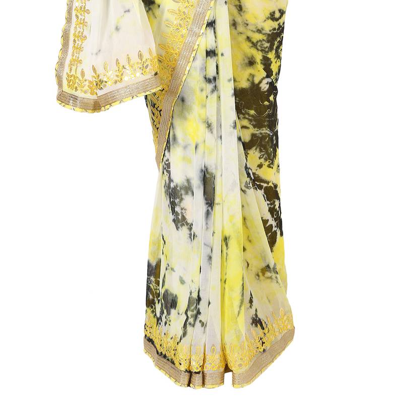 Tye N Dye Saree Emellished Gota Pati Work With Golden Border Lace
