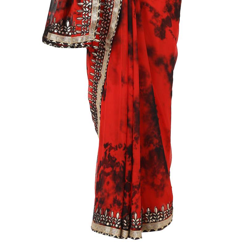 Tye N Dye Saree Emellished Gota Pati Work With Golden Border Lace