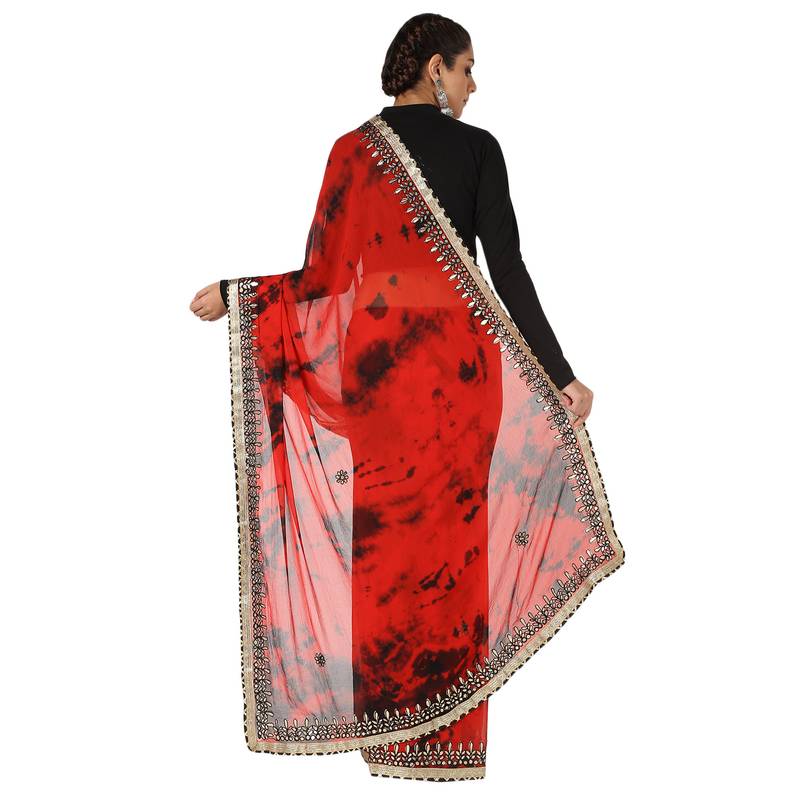 Tye N Dye Saree Emellished Gota Pati Work With Golden Border Lace