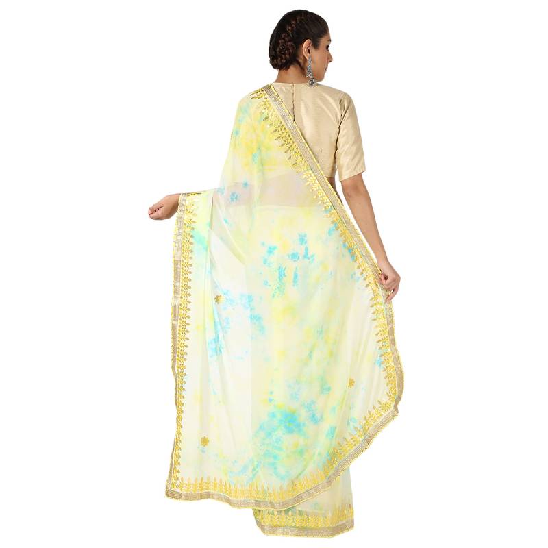 Tye N Dye Saree Emellished Gota Pati Work With Golden Border Lace