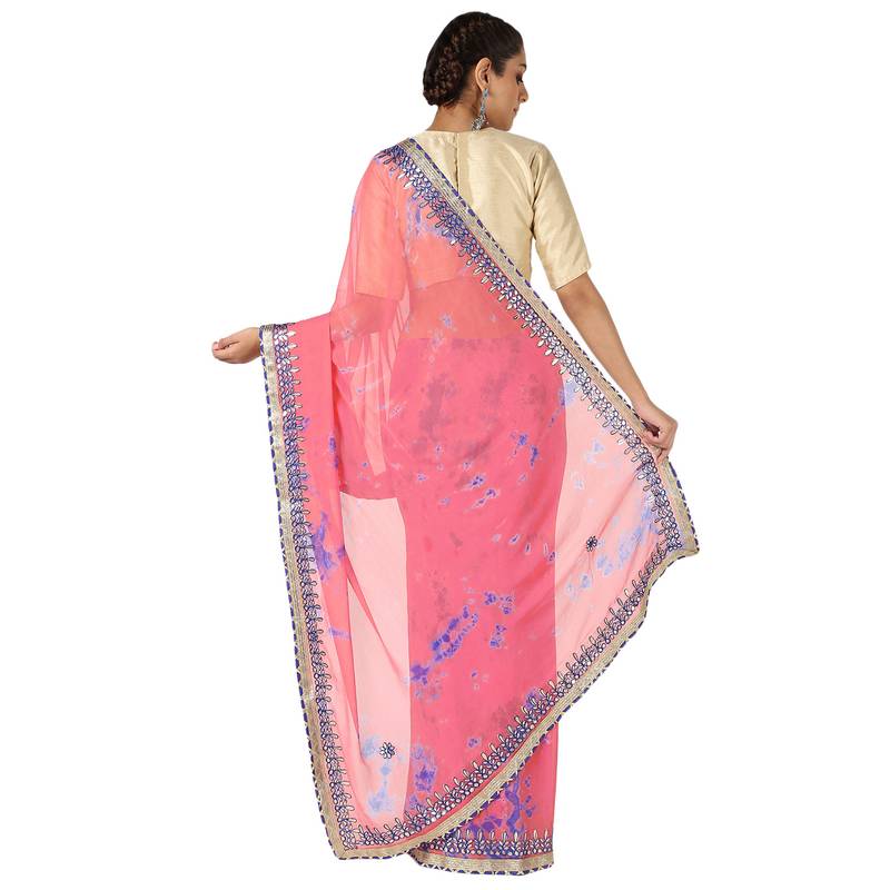 Tye N Dye Saree Emellished Gota Pati Work With Golden Border Lace