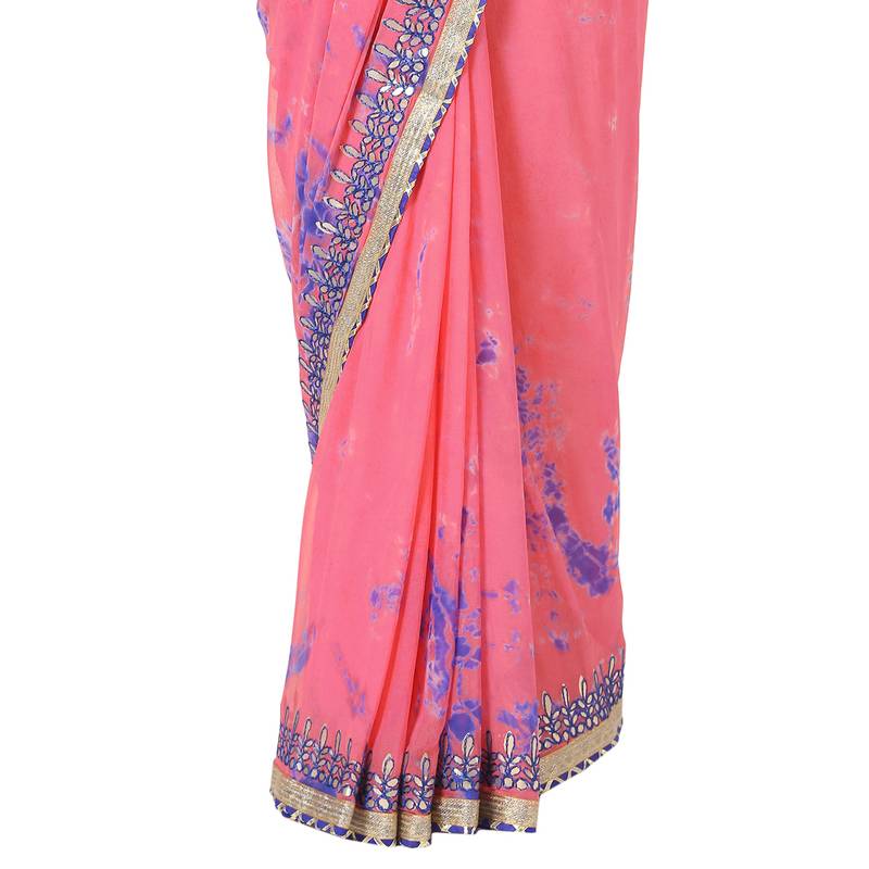 Tye N Dye Saree Emellished Gota Pati Work With Golden Border Lace
