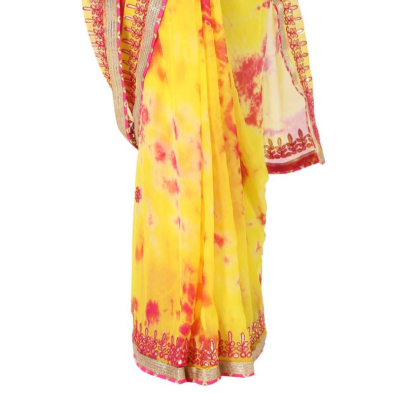 Tye N Dye Saree Emellished Gota Pati Work With Golden Border Lace