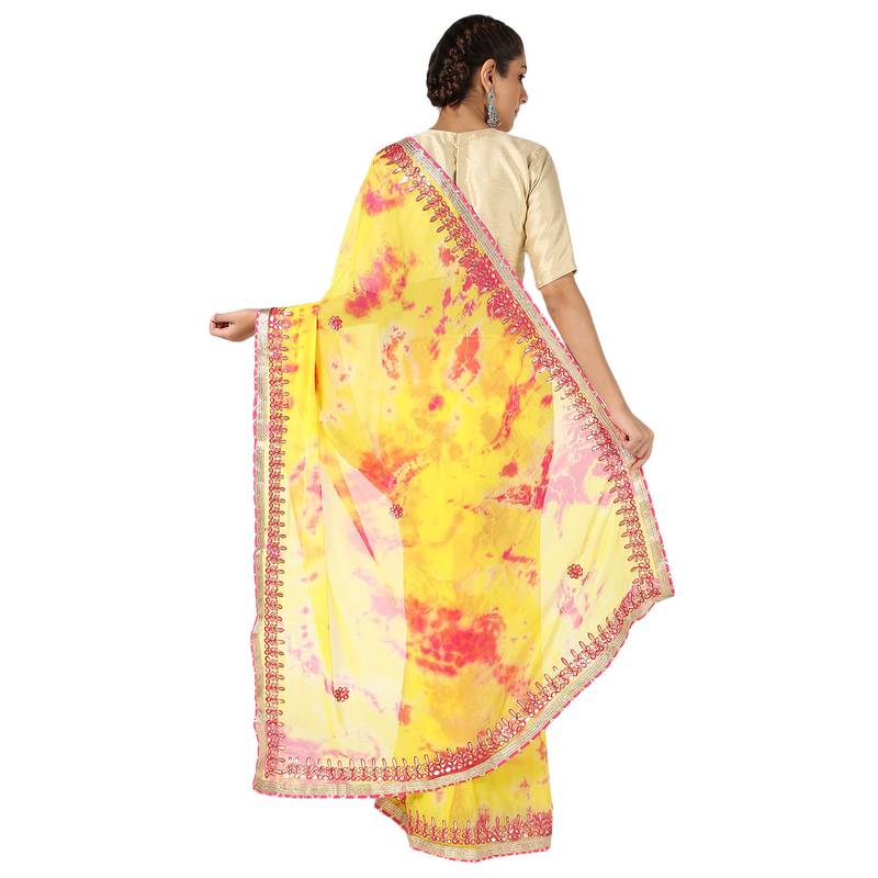 Tye N Dye Saree Emellished Gota Pati Work With Golden Border Lace