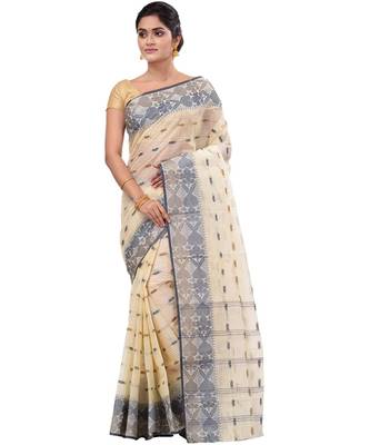 Women Black Brown Pure Cotton Bengali Classical Tant Saree 1
