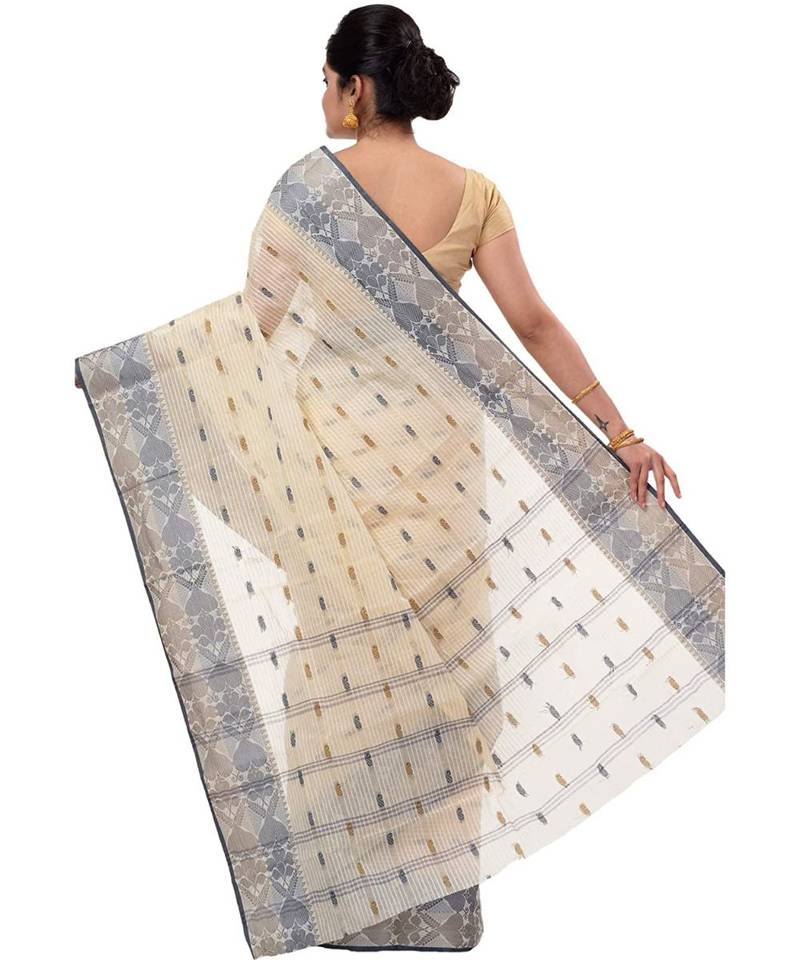 Women Black Brown Pure Cotton Bengali Classical Tant Saree