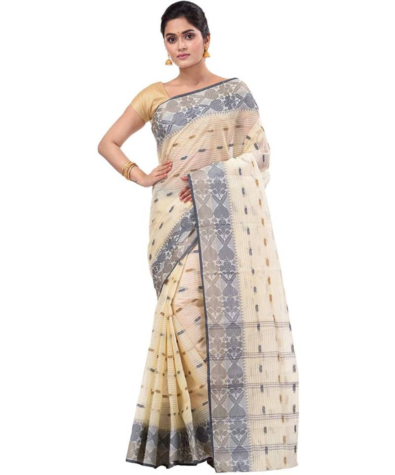 Women Black Brown Pure Cotton Bengali Classical Tant Saree