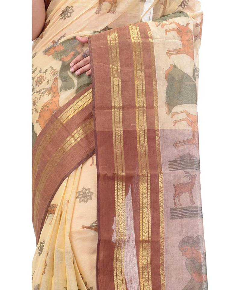 Pure Cotton Women Traditional Bengali Woven Sakuntala Printed Tant