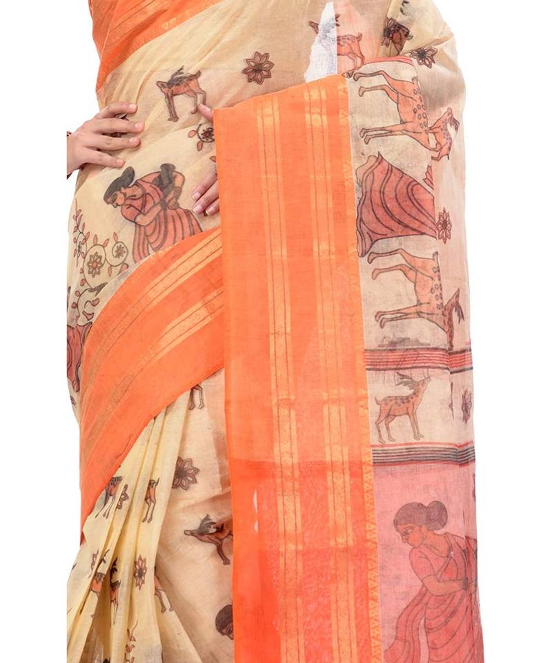 Pure Cotton Women Traditional Bengali Woven Sakuntala Printed Tant Saree