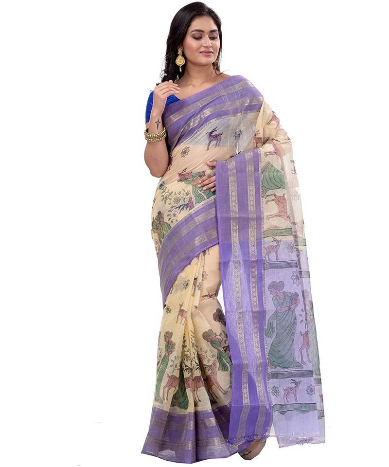 Pure Cotton Women Traditional Bengali Woven Sakuntala Printed Tant