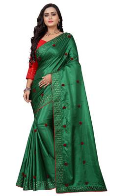 Green Embroidered Silk Blend Saree With Blouse 1