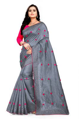 Grey Embroidered Silk Blend Saree With Blouse 1