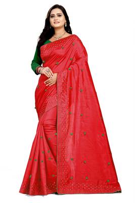 Red Embroidered Silk Blend Saree With Blouse 1