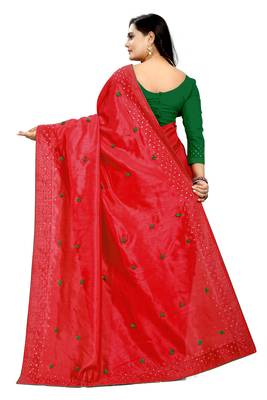 Red Embroidered Silk Blend Saree With Blouse 2