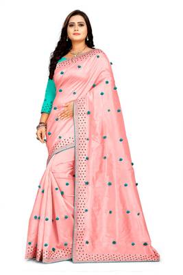 Pink embroidered silk saree with blouse 1