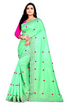 Green Embroidered Silk Blend Saree With Blouse 1