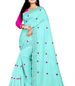 Indigo Embroidered Silk Blend Saree With Blouse