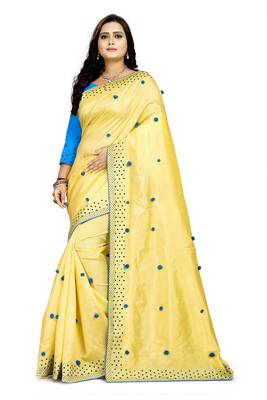 Yellow embroidered silk saree with blouse 1