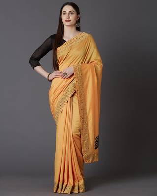 Yellow embroidered silk blend saree with blouse 1