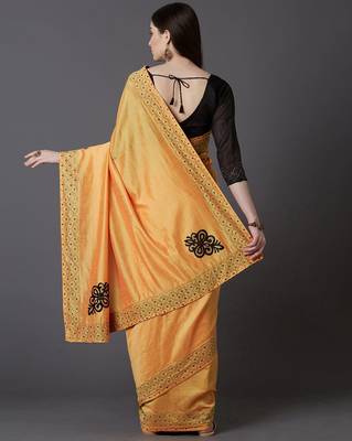 Yellow embroidered silk blend saree with blouse 2