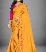 Yellow embroidered silk blend saree with blouse