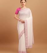 White Embroidered Silk Blend Saree With Blouse