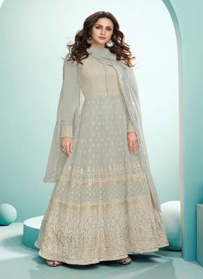 Light Grey Embroidered Anarkali Suit 1