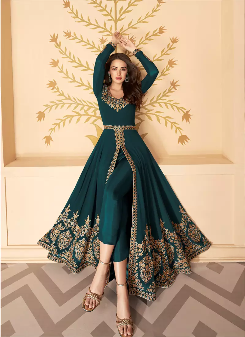 Dark Green Slit Style Embroidered Anarkali Pants Suit