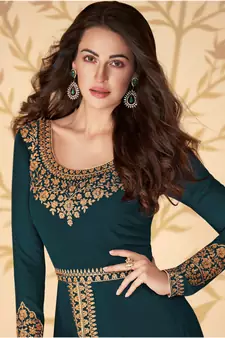 Teal Green Style Embroidered Anarkali Suit.
