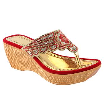 Do Bhai Red Embellished Wedges for Women 1