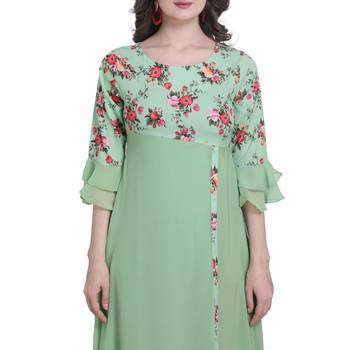 S Crown Women's Light Green Poly Crepe A-Line Kurta 4
