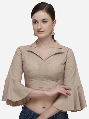 Women'S Printed Beige Phantom Silk Blouse With Collared Neck 1
