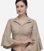 Women'S Printed Beige Phantom Silk Blouse With Collared Neck